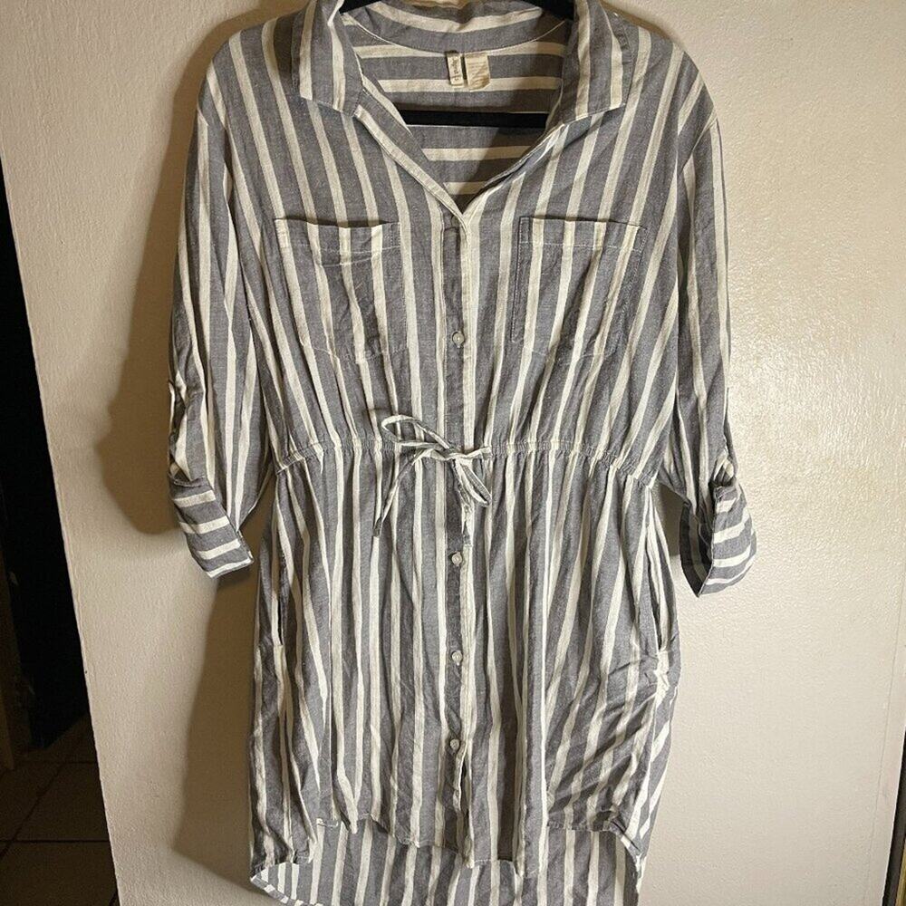 Japna Gray White Striped Cotton High Low Shirt Dress Size Large